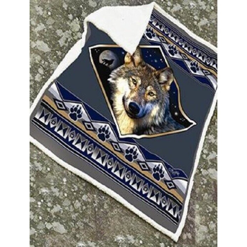 New Wolf Wolves Sherpa Gift Fleece Throw Blanket Southwest Blue Gray Paw Prints